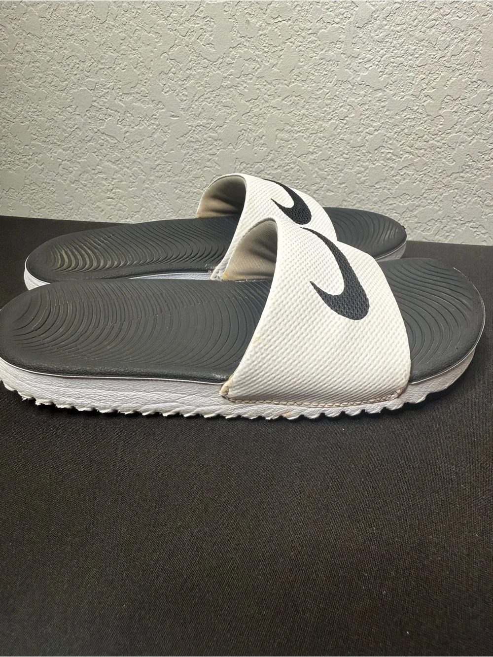 2 pairs Nike Kids Slide Sandals in Black & White with Swoosh size 12c